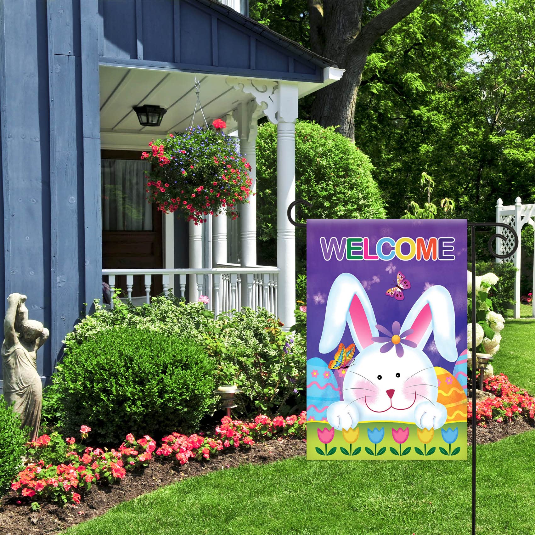Morigins Welcome Bunny Eggs 12.5x18 Inch Decorative Easter Garden Flag - Cute Rabbit & Tulip Spring Design for Outdoor Yard Decor, Easter Party & Seasonal Home Decoration