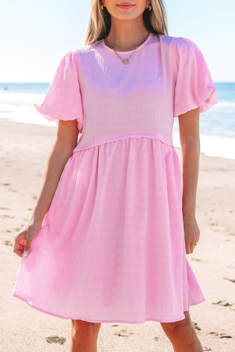 Bonbon Textured Bubble Sleeve High Waist Mini Dress for Women - Trendy Party & Date Night Outfit