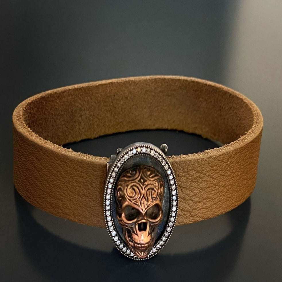 Sterling Silver & Diamond Skull Brown Leather Bracelet for Men - Gothic Punk Jewelry for Everyday Wear, Parties & Gifts