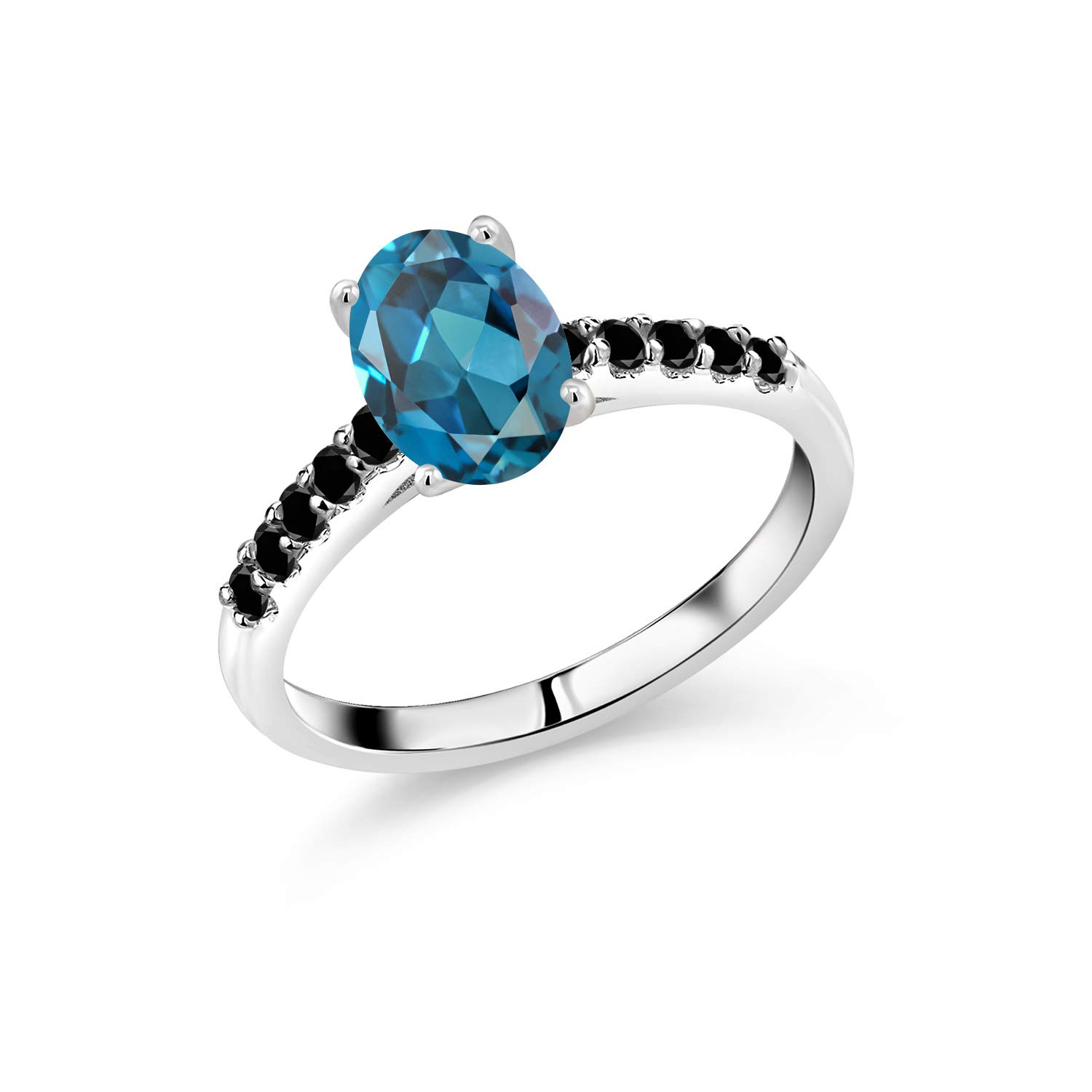 2.58 Ct Oval London Blue Topaz & Black Diamond 10K White Gold Ring for Women - Elegant Engagement, Wedding, Anniversary Jewelry Gift