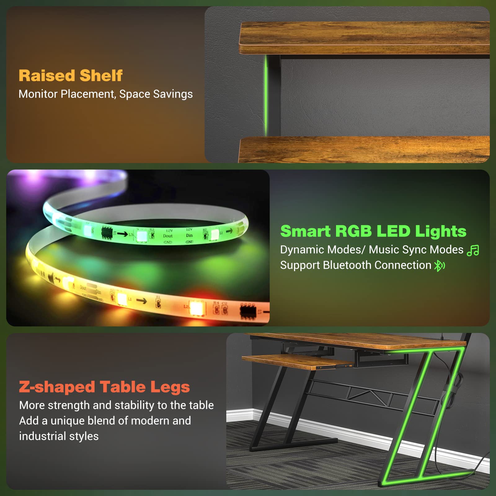 Armocity Music Studio Desk with Power Outlets & RGB LED Lights - Professional Recording Desk for Music Producers - Adjustable Rustic Brown Workstation for Home & Professional Studios | Perfect for Music Production, Podcasting & Audio Editing