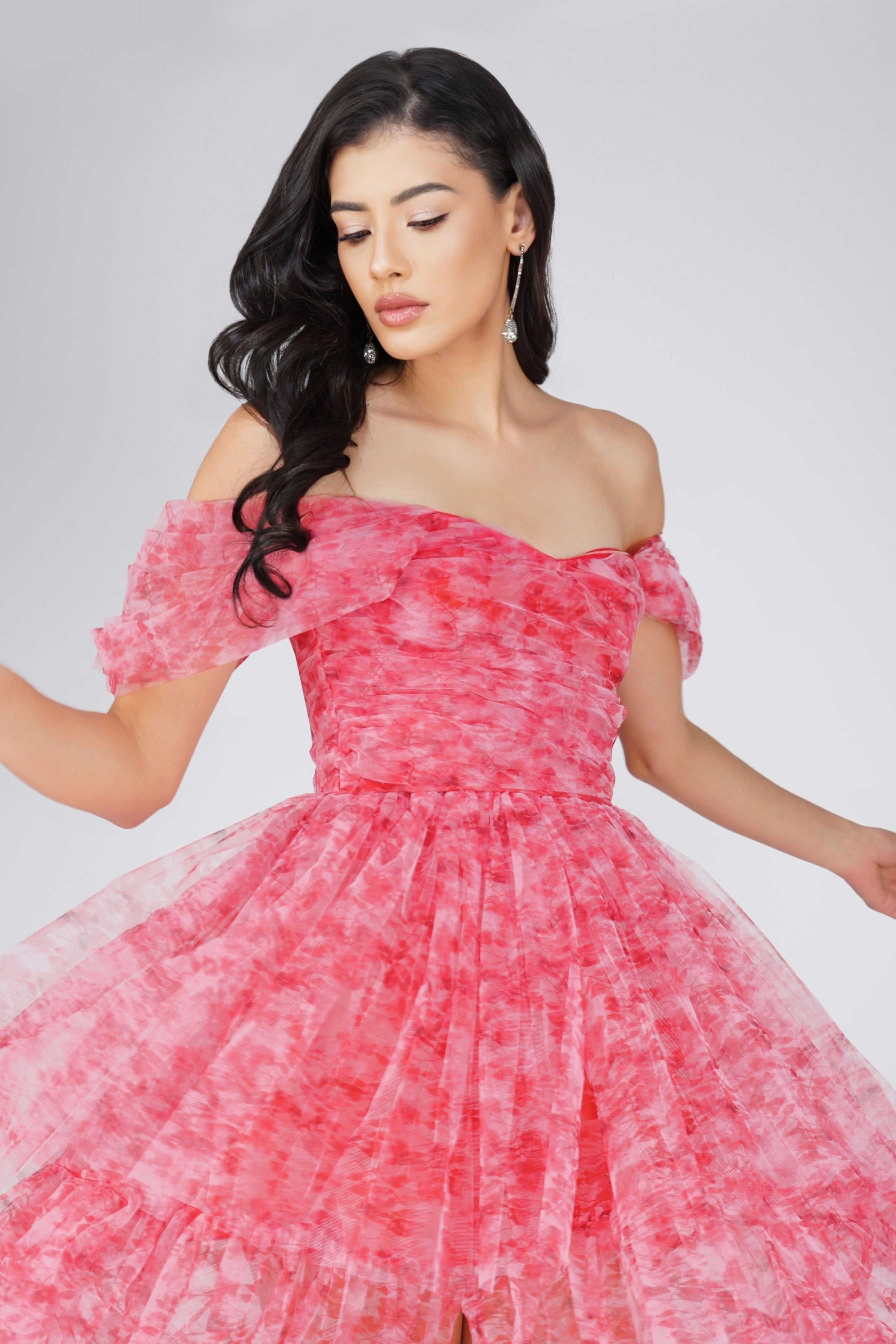 Elegant Sydney Tulle Maxi Dress in Red Print - Perfect for Weddings, Parties & Special Occasions