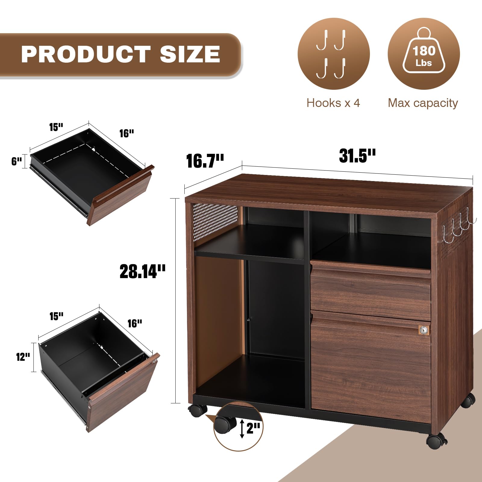 2-Drawer Mobile Lateral Filing Cabinet with Wheels - Rolling Under Desk Metal Storage & Printer Stand for Home Office - Retro Brown - Ideal for Organizing Documents & Office Supplies in Small Spaces