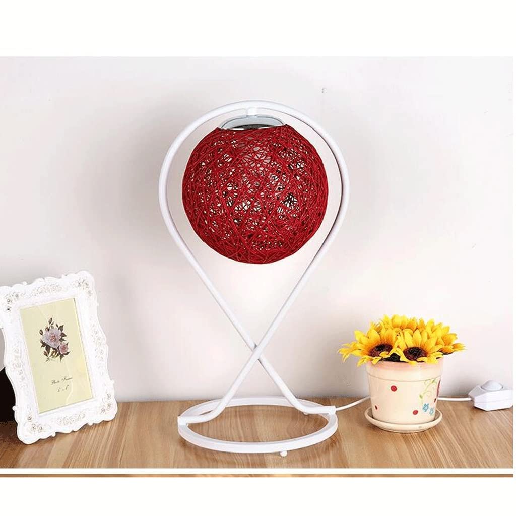 Rattan Table Lamp with Hemp Spherical Shade & Metal Bracket - Romantic Night Light for Bedroom, Desk, or Nightstand - Decorative Lighting for Home Office & Bedside (Red) - Perfect for Reading, Working & Creating Cozy Atmosphere