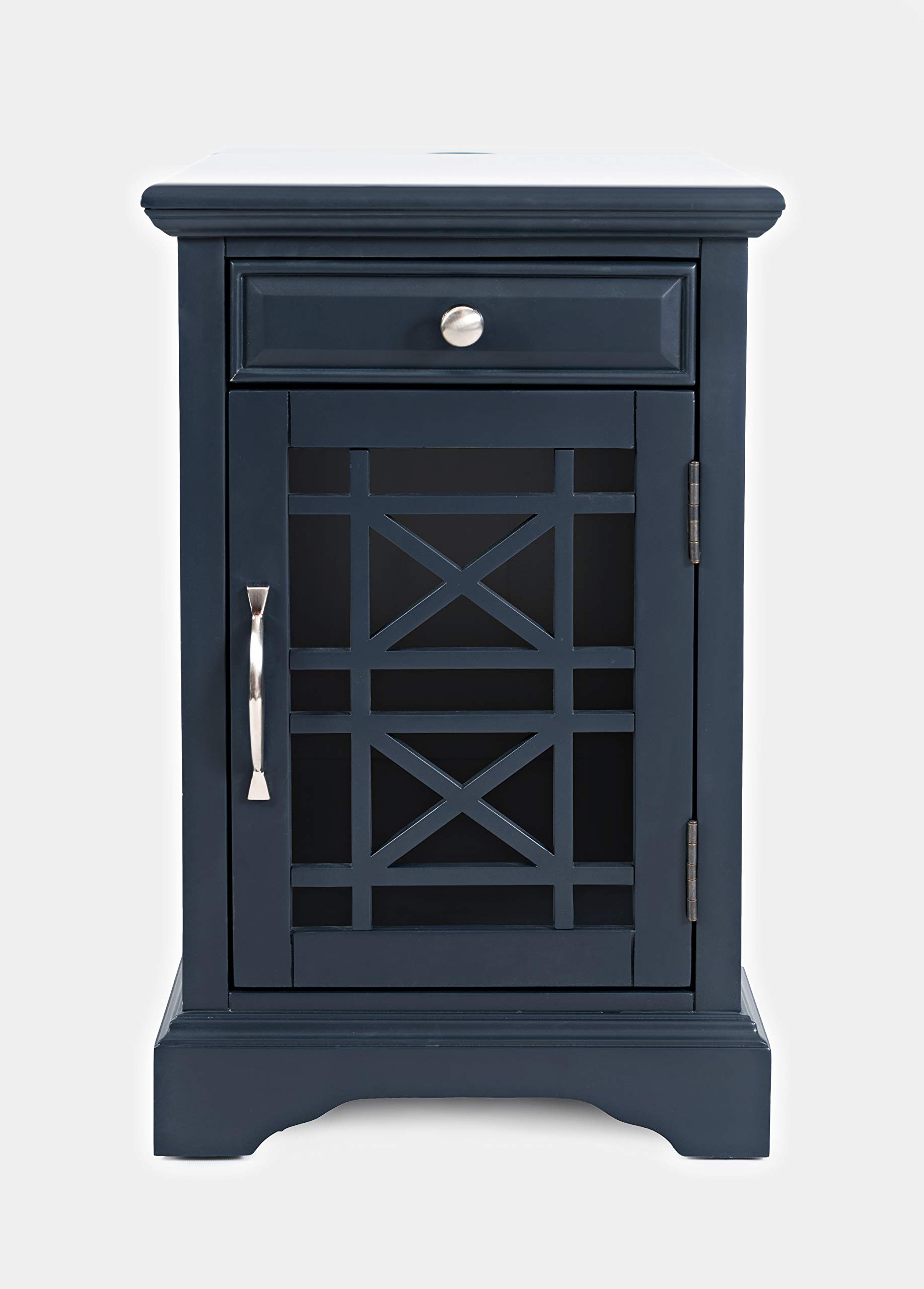 Farmhouse Style USB Charging Station End Table with Glass Door & Storage - Nightstand for Bedroom, Living Room, Office - Navy Wooden Side Table for Phone & Device Organization