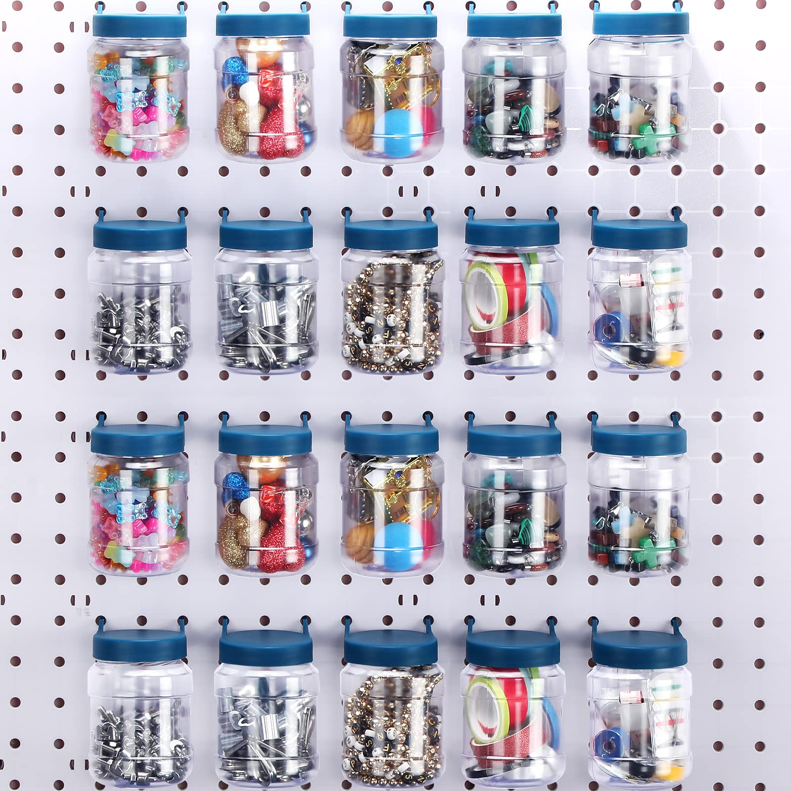 20-Piece Pegboard Organizer Set with Lids - Clear Plastic Storage Bins & Jars for Wall Mount Organization | Perfect for Garage, Sewing Room, Office & Home Supplies (Dark Blue) | Space-Saving Solution for Tools, Crafts & Household Items