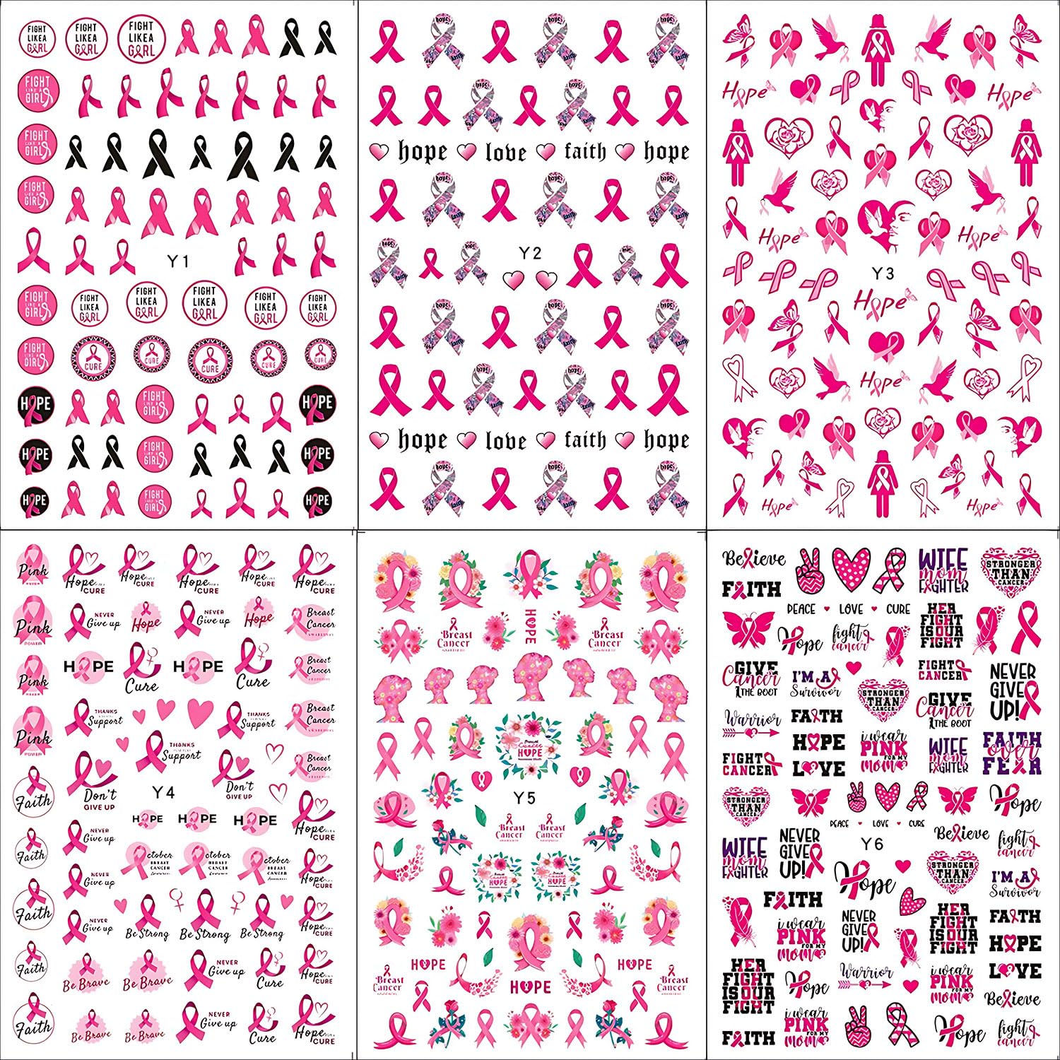6 Sheets Breast Cancer Awareness Nail Art Stickers - Pink Ribbon Heart Designs 3D Self-Adhesive Nail Decals for Women & Girls DIY Manicure (Perfect for Breast Cancer Awareness Events, Fundraisers & Supportive Nail Art)