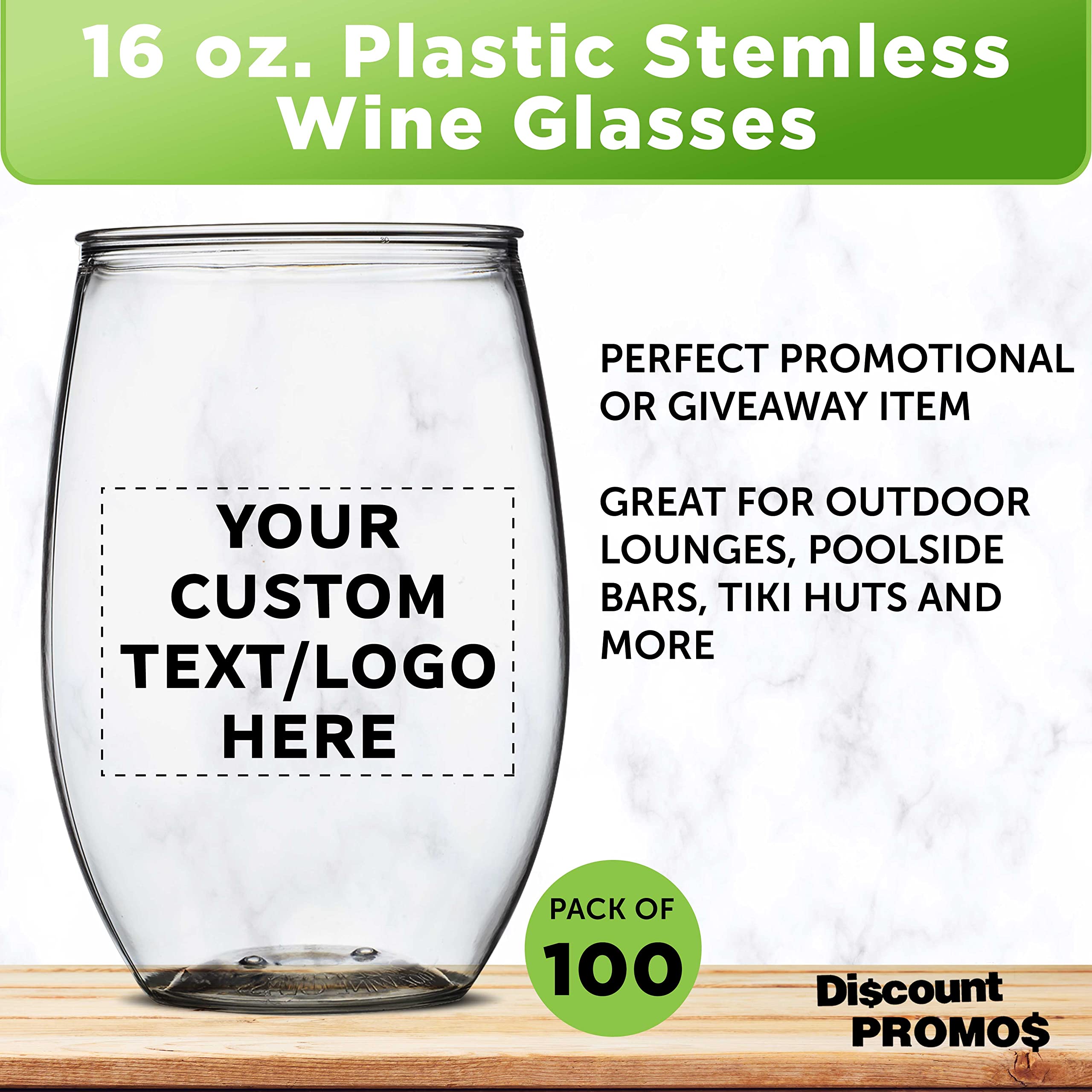 100-Pack Custom Plastic Stemless Wine Glasses 16 oz - BPA Free Bulk Party Cups for Outdoor Lounges, Poolside Gatherings, Weddings & Events - Clear Unbreakable Drinkware for Picnics, BBQs & Catering Services