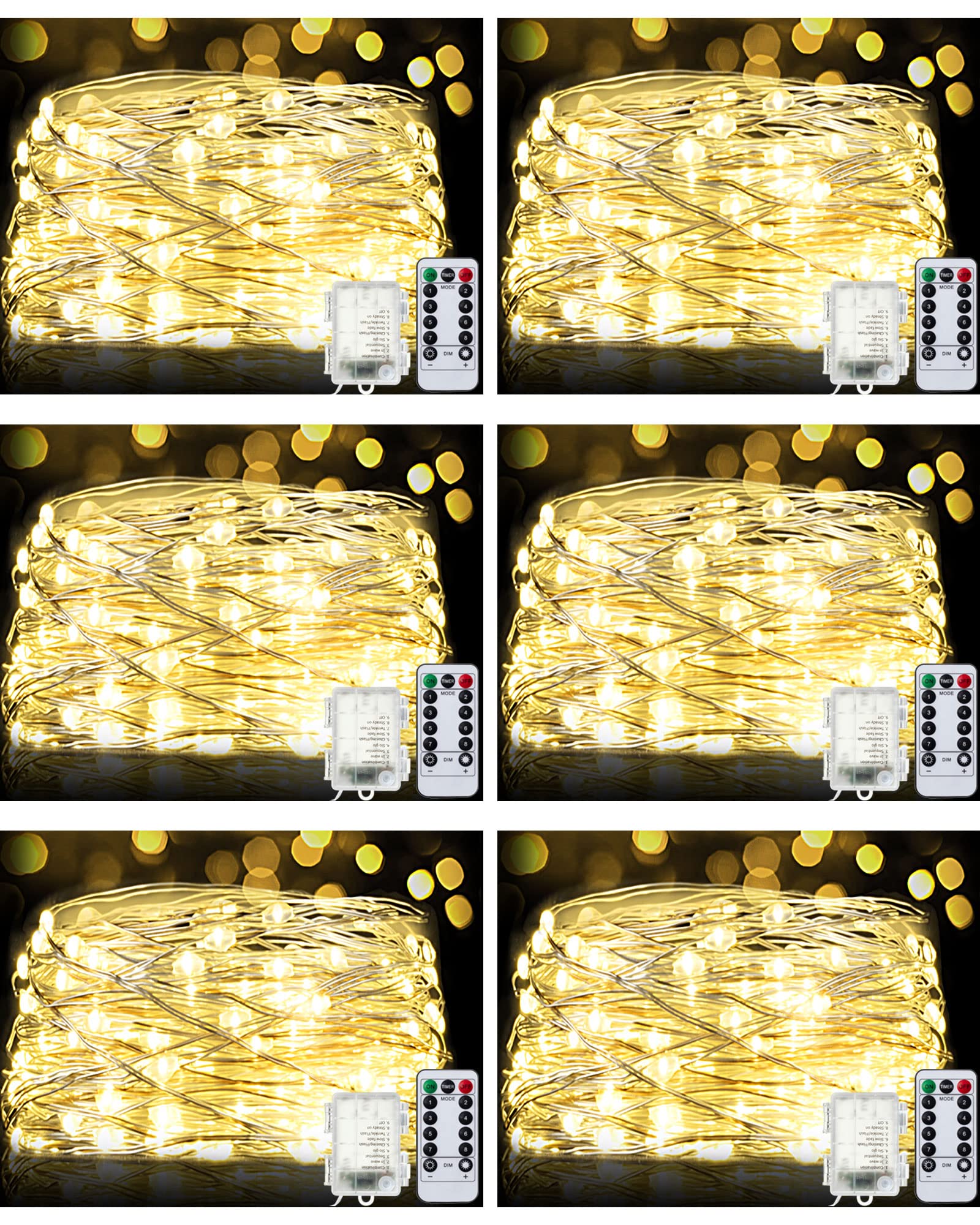 6 Pack 66 ft 200 LED Fairy Lights Battery Operated - Warm White Twinkle String Lights with Remote & Timer, Waterproof Copper Wire for Indoor Outdoor Christmas Party, Bedroom, Garden, Wedding, Patio Decorations