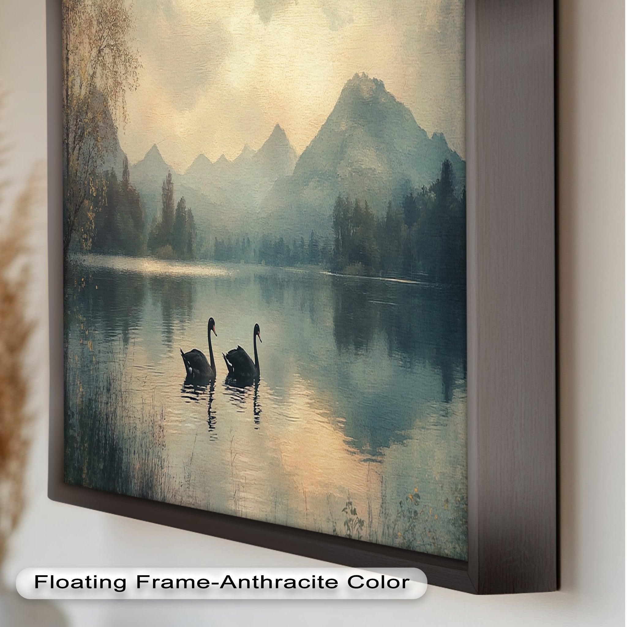 Black Swans on a Mountain Lake - Modern Oil Painting Wall Art for Living Room, Bedroom & Office Decor | Handmade Canvas Artwork | Nature Inspired Home Decoration