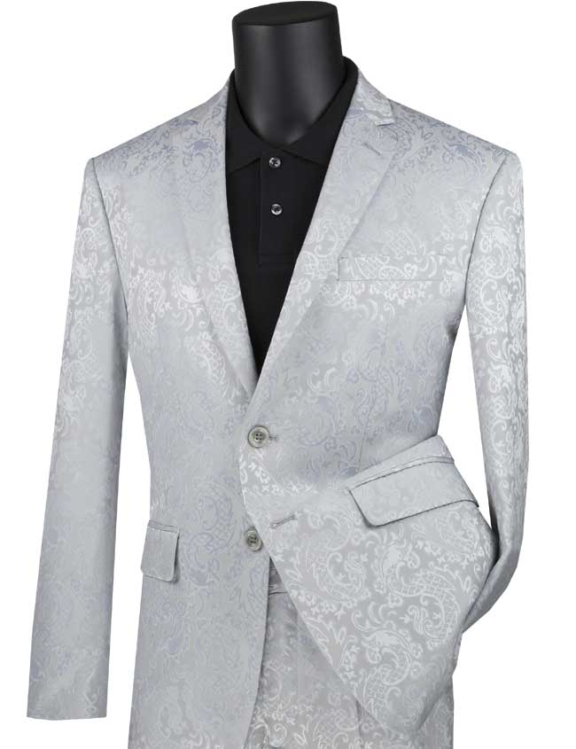 Slim Fit Paisley Suit 2-Piece Set for Men - Silver Gray Formal Business Attire | Wedding, Office, Special Occasion Outfit