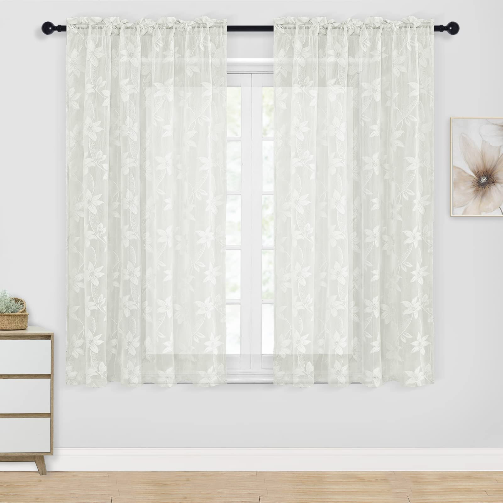 DWCN White Sheer Curtains with Floral Lace Design - 52x54 Inch Rod Pocket Window Voile Drapes, Set of 2 Panels for Bedroom, Kitchen & Living Room - Light Filtering Privacy & Elegant Home Decor
