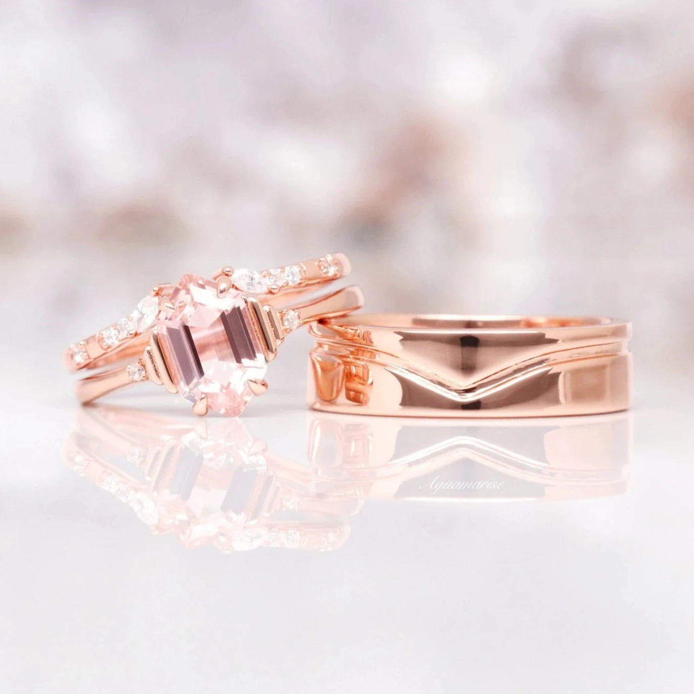 Hexagon Morganite Couples Ring - 14K Gold Plated Wedding Band for Women & Men, Romantic Anniversary Gift for Her/Him, Perfect for Engagements, Weddings & Special Occasions