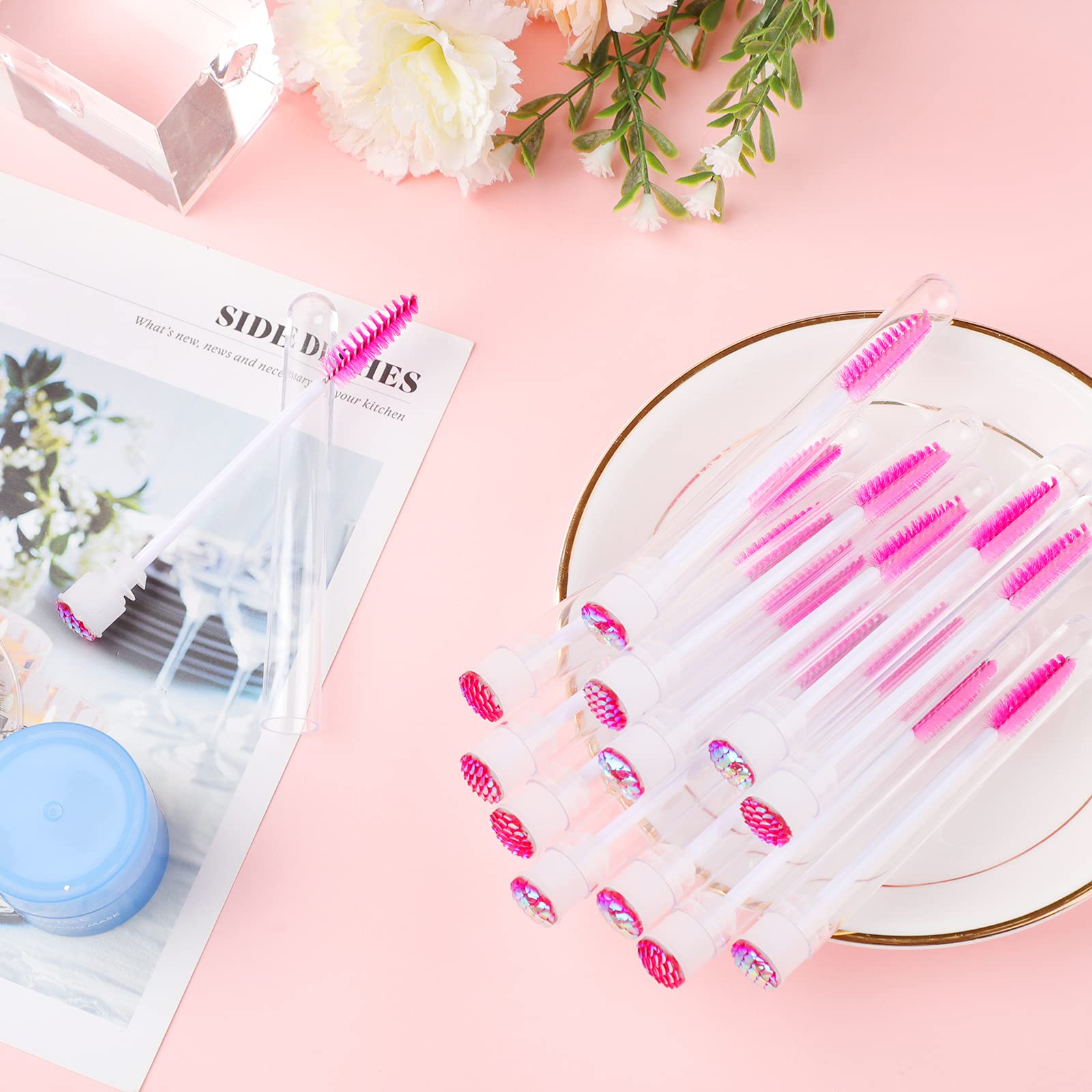 50 Pack Disposable Mascara Brushes - Eyelash Extension Wands with Tubes - Diamond Spoolie Lash Brushes for Professional Makeup & Lash Extensions (Pink, Scale D) - Perfect for Salons, DIY Beauty & Travel Makeup Kits