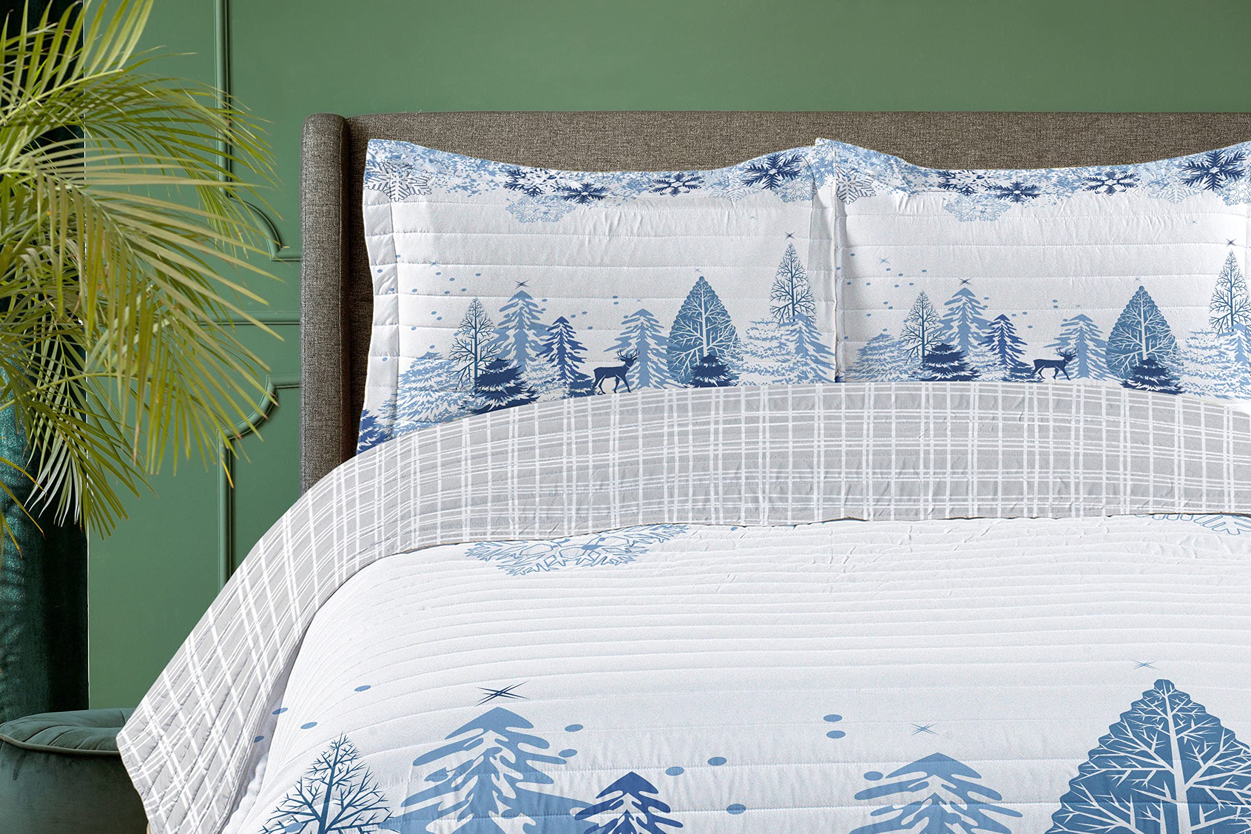 Ambesonne Winter Reversible King Size Bedspread Set - Blue White Microfiber Comforter with Deer, Snowy Trees & Christmas Pine Design | Includes Pillow Shams | Perfect for Holiday Decor & Cozy Winter Bedroom
