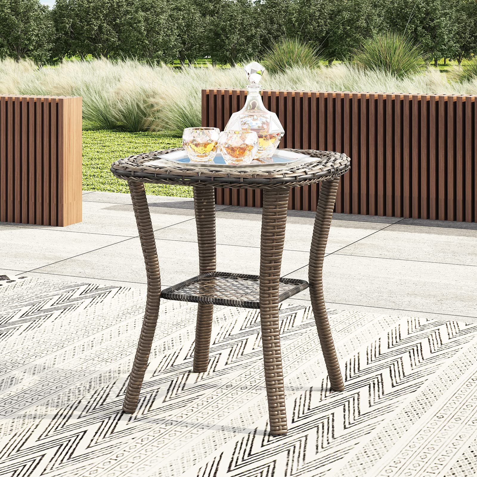 20 Inch Brown Patio Wicker Coffee Table - Outdoor Square Tempered Glass Top Round Bistro Side Table with Steel Frame - Durable End Table Furniture for Backyard, Lawn, Balcony & Poolside (LEPUS) - Perfect for Outdoor Entertaining, Lounging & Poolside Relaxation