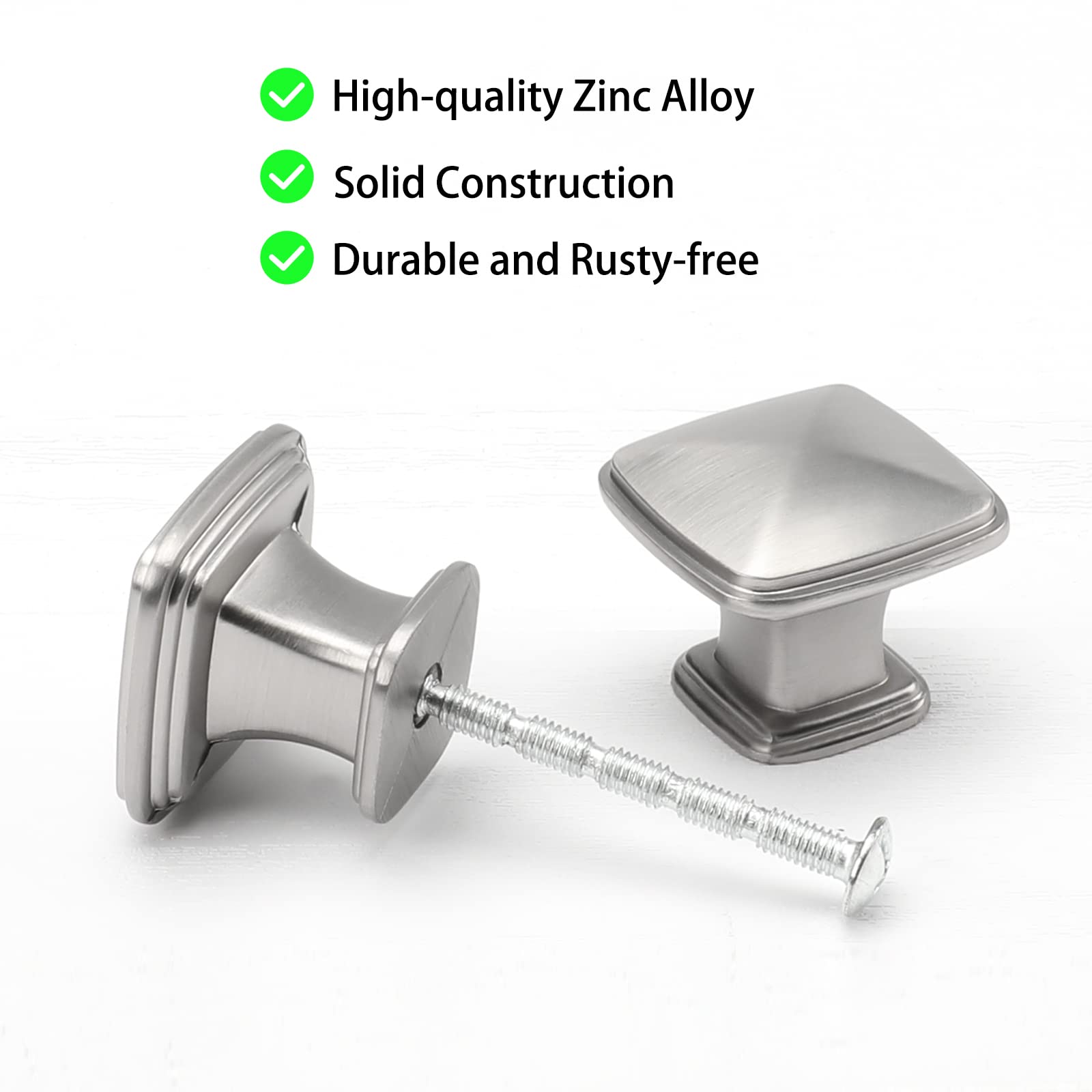 5 Pack Brushed Nickel Cabinet Knobs - Solid Square Zinc Alloy Drawer Handles for Kitchen, Bathroom & Dresser | Durable Cabinet Hardware for Home Improvement & DIY Projects | Perfect for Modern Kitchen Cabinets, Bathroom Vanities & Bedroom Furniture