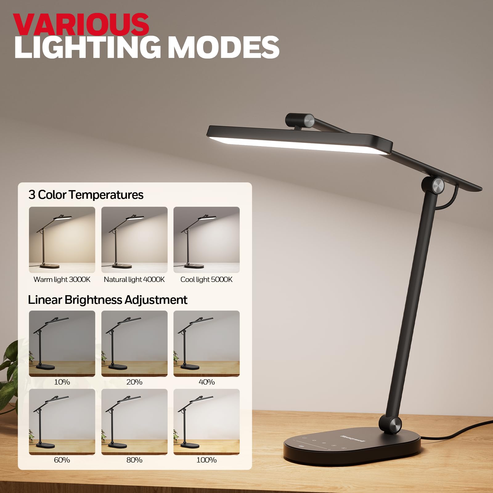 Honeywell H4 Sunturalux™ Eye-Caring LED Desk Lamp - 700LM Dimmable Adjustable Reading Light with Timer & Touch Control for Home Office, Study, Bedroom - Perfect for Work, Reading & Nightstand Use