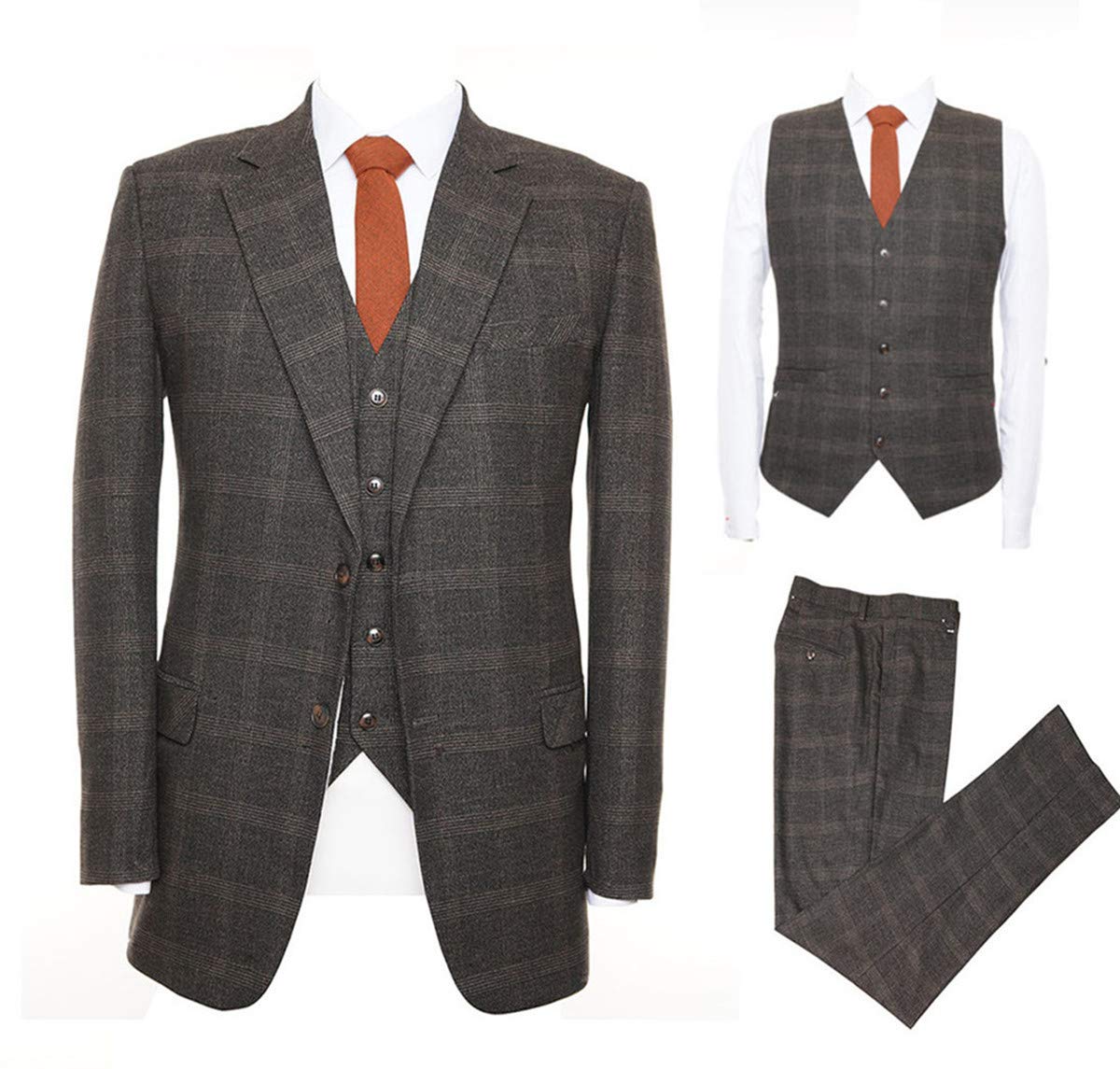 Men's Slim Fit Vintage 3-Piece Tweed Wool Blend Suit in Coffee Brown Grid Plaid Check – Perfect for Groom, Tuxedo, Weddings & Formal Events