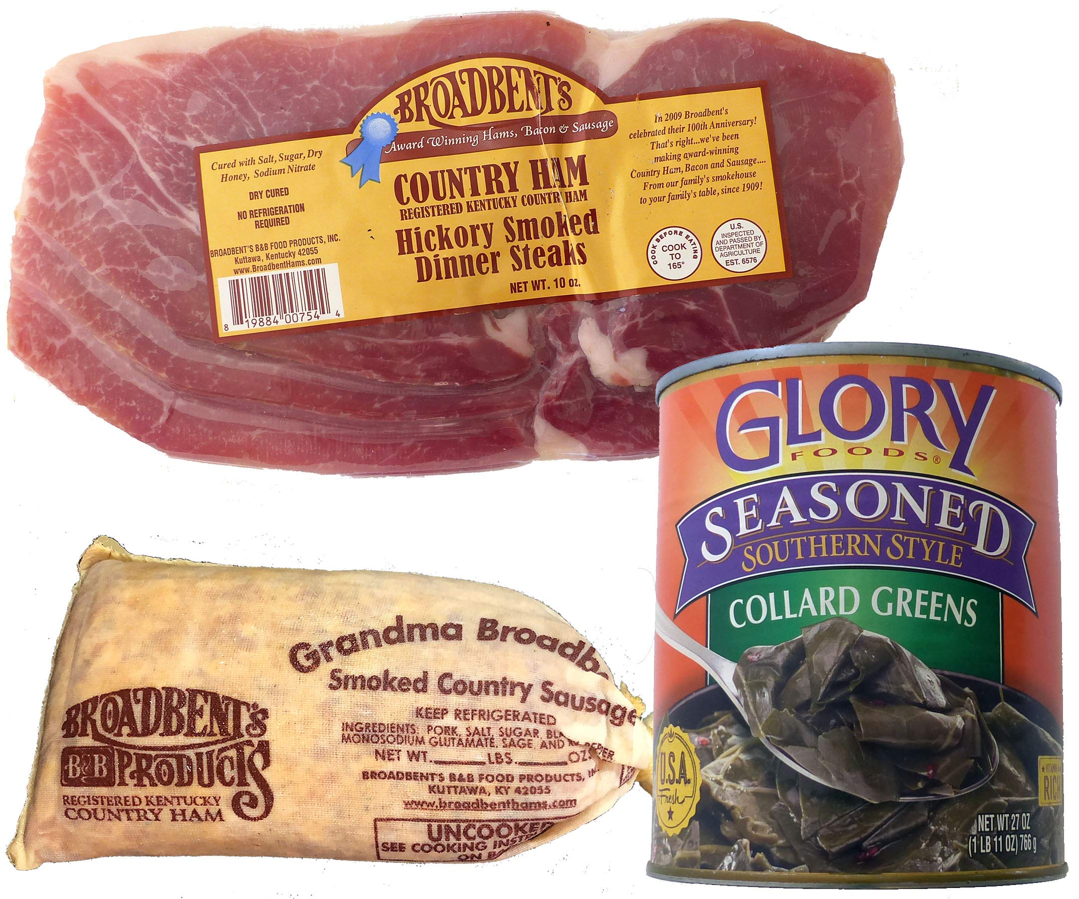 Julia's Pantry Country Supper - 1lb Hickory Smoked Country Ham Steaks, 1lb Seasoned Pieces & 1lb Country Sausage with Biscuits, Black Eyed Peas, Collards, Cornbread, Peppered Gravy & Pepper Sauce | Southern Comfort Food Meal Kit for Family Dinners & Holiday Gatherings