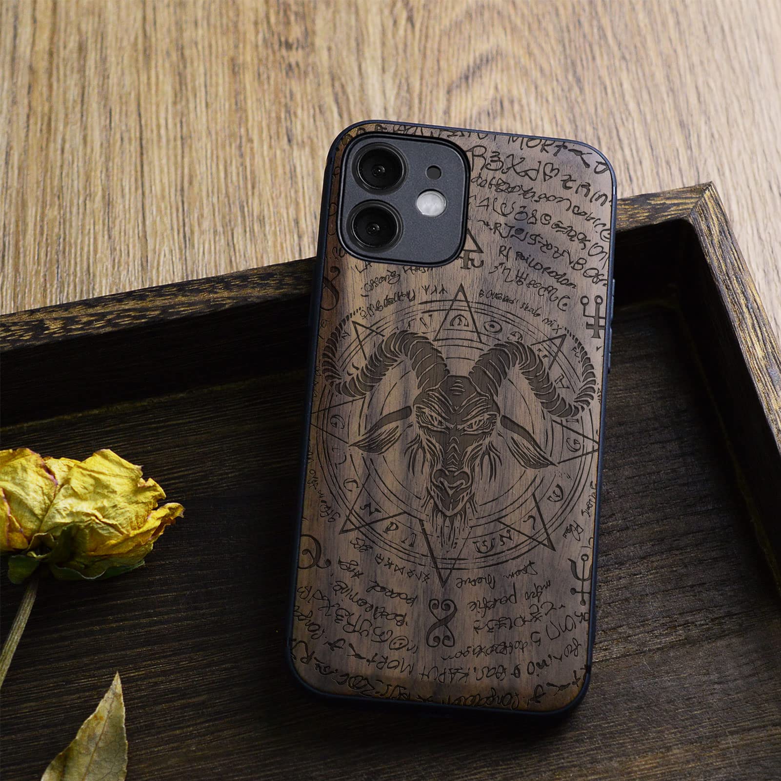 Carveit Magnetic Wood Case for iPhone 12 Mini - Natural Walnut Wood & Black TPU Shockproof Protective Cover with Magsafe Compatibility | Unique Baphomet Design - Perfect for Outdoor Adventures, Travel Protection & Stylish Everyday Use