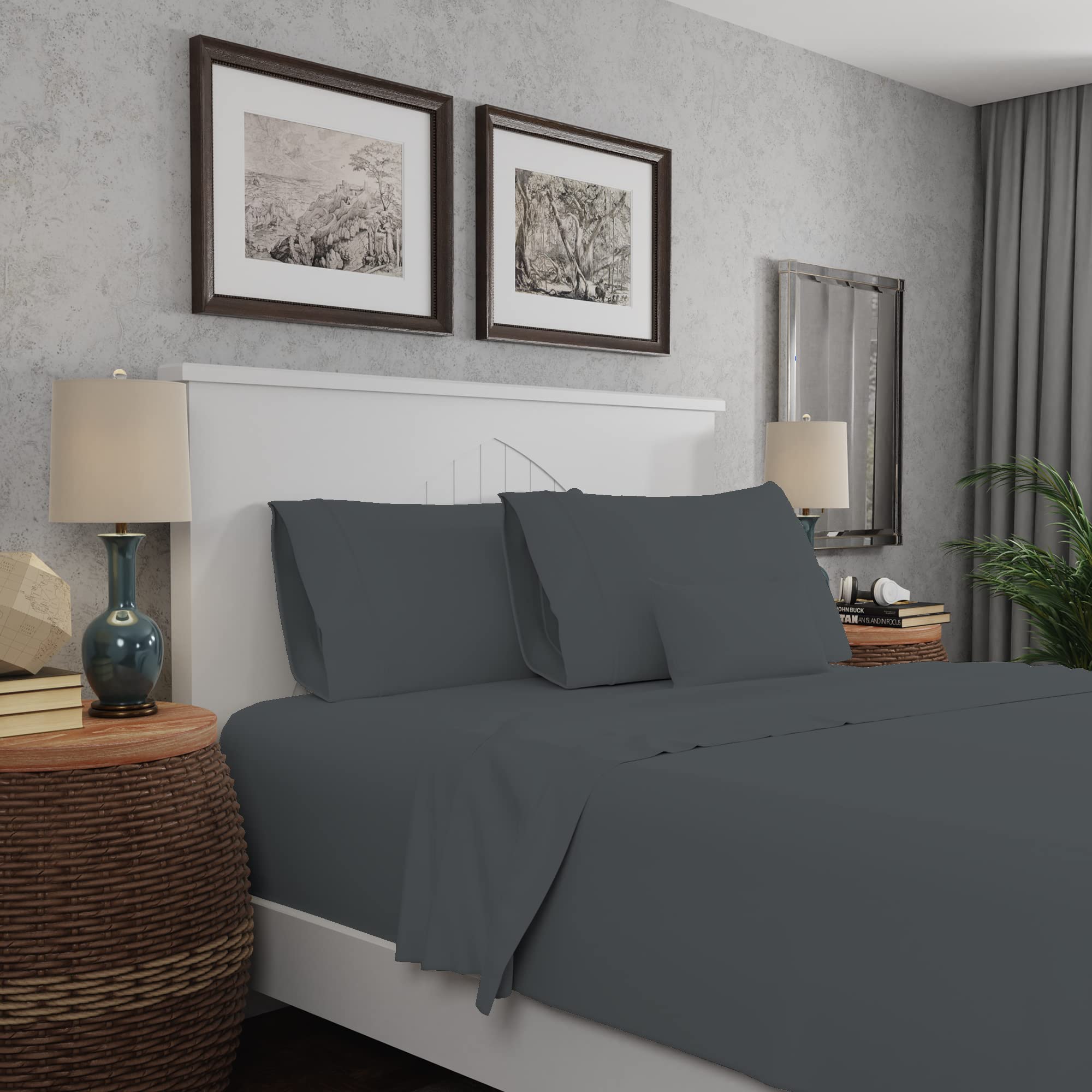 Purity Home Dark Gray Viscose Cotton Sheets Set Full Size - 4 Piece Cool & Breathable Luxury Bedding for Hot Sleepers | Silky Soft Sateen Weave, Deep Pocket Elastic Fitted Sheets | Perfect for Summer Nights & Temperature Regulation