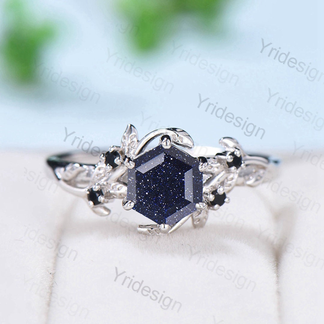 2Pcs Vintage Blue Sandstone Wedding Ring Set - Elegant Leaf Galaxy Engagement Ring for Women, Crystal Promise Ring, Unique Bridal Jewelry Set - Perfect for Anniversaries, Proposals & Romantic Gifts