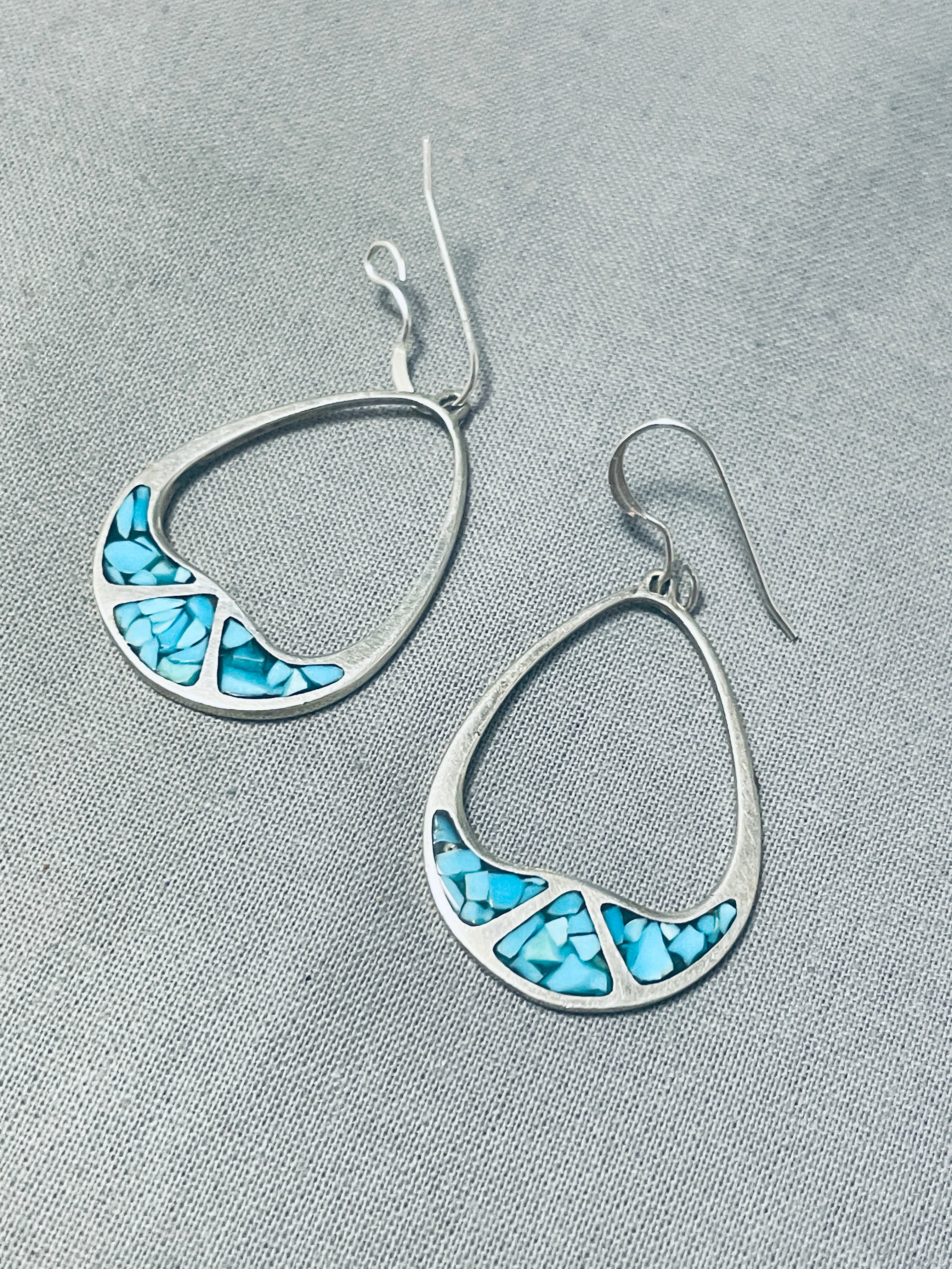 Authentic Native American Navajo Turquoise Chip Inlay Sterling Silver Earrings | Handmade Southwest Jewelry for Women | Perfect for Boho Fashion, Gift Giving & Special Occasions