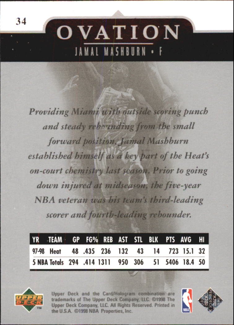 1998-99 Upper Deck Ovation #34 Jamal Mashburn Basketball Card - NBA Collectible for Sports Memorabilia Fans & Card Collectors (Perfect for Display, Trading, or Investment)