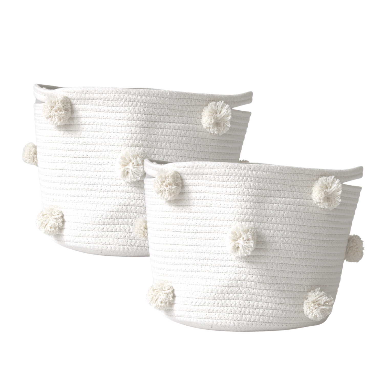 Natural Woven Pom Basket Set of 2 - Medium Size Storage Baskets for Home Decor, Laundry, or Organizing Toys & Blankets