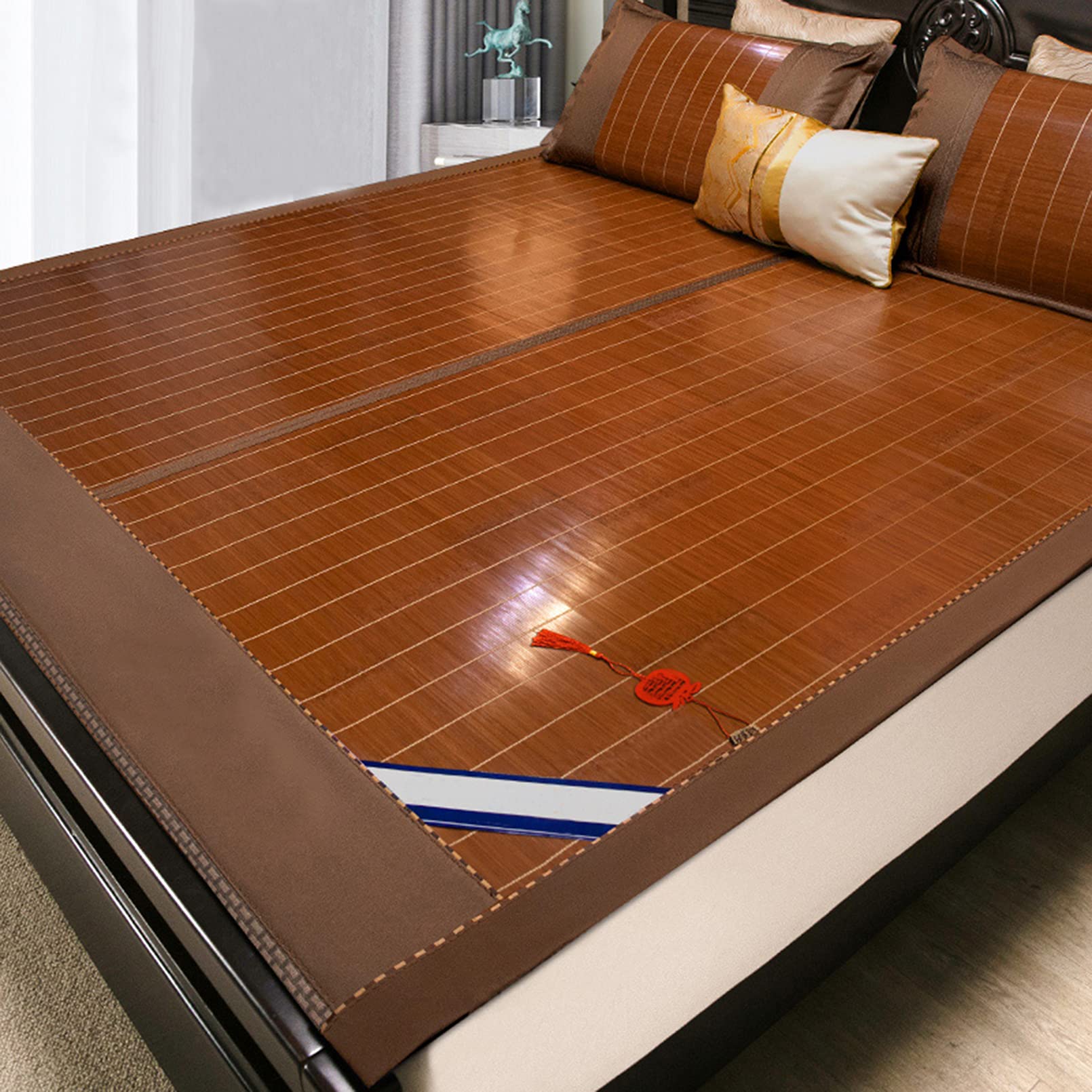 Cooling Bamboo Sleeping Mat - Double-Sided Breathable Summer Mattress Topper for Hot Sleepers | Carbonized Bamboo Pad with Ice Silk Technology | Folding Design for Single & Double Beds (78.7