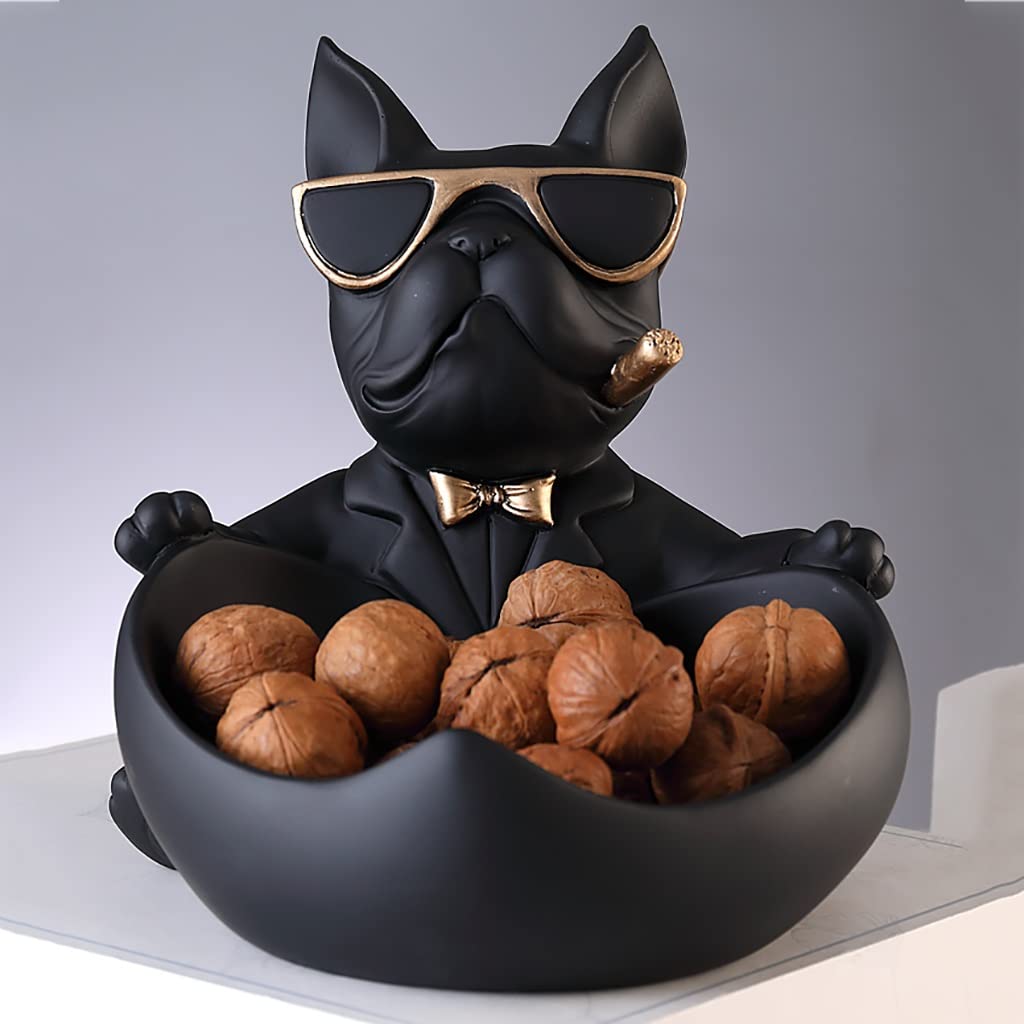Bulldog Key Holder Bowl - Decorative Resin Storage Tray for Desk, Jewelry, Candy & Earrings | Creative Organizer Box & Art Sculpture Figurine (Black) - Perfect for Home Office, Entryway & Gift Giving