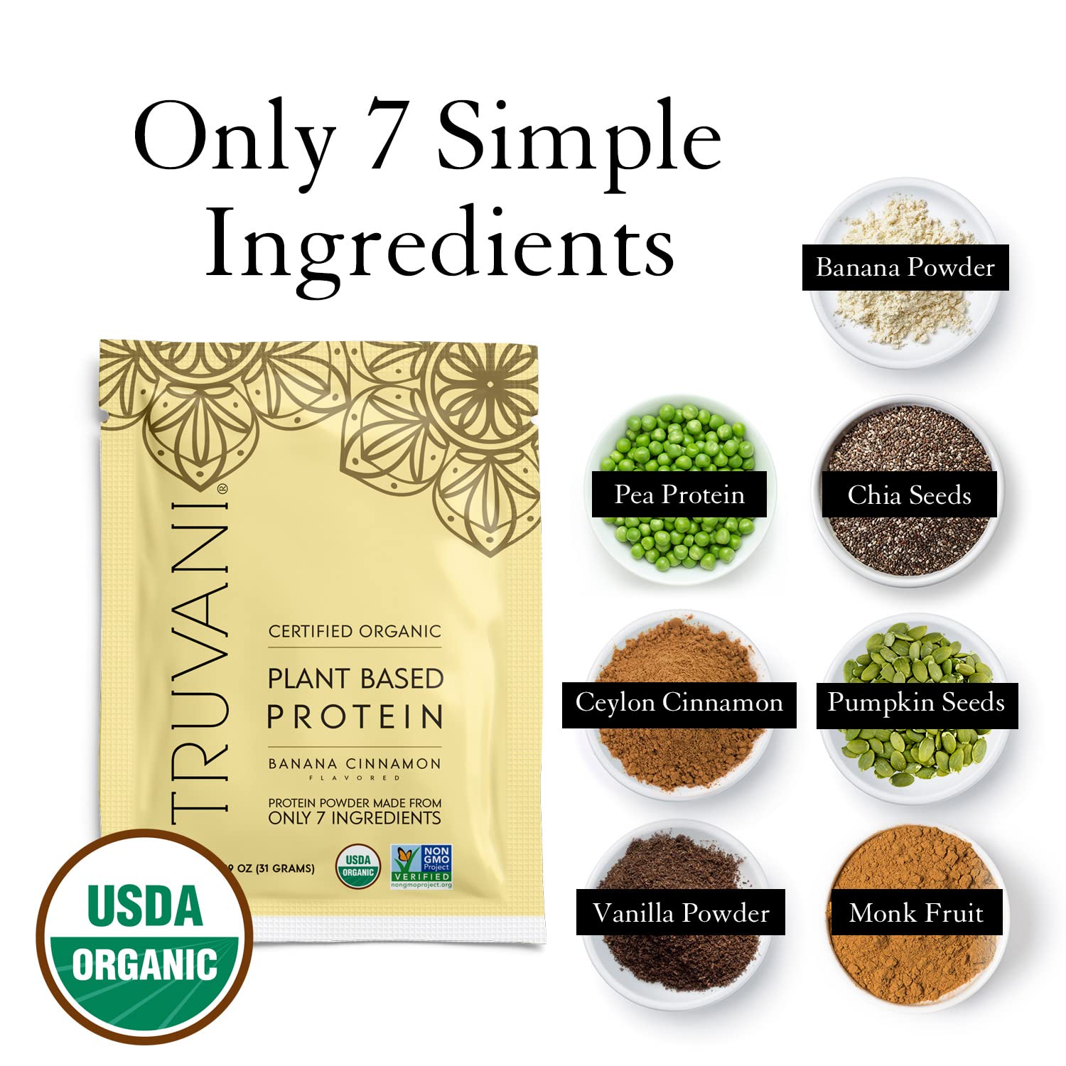 Truvani Vegan Pea Protein Powder - Banana Cinnamon Flavor | 20g Organic Plant-Based Protein per Serving | 10 Travel Packets | Keto, Gluten-Free & Dairy-Free | Low Carb, No Added Sugar | Perfect for Smoothies, Post-Workout Recovery & On-the-Go Nutrition