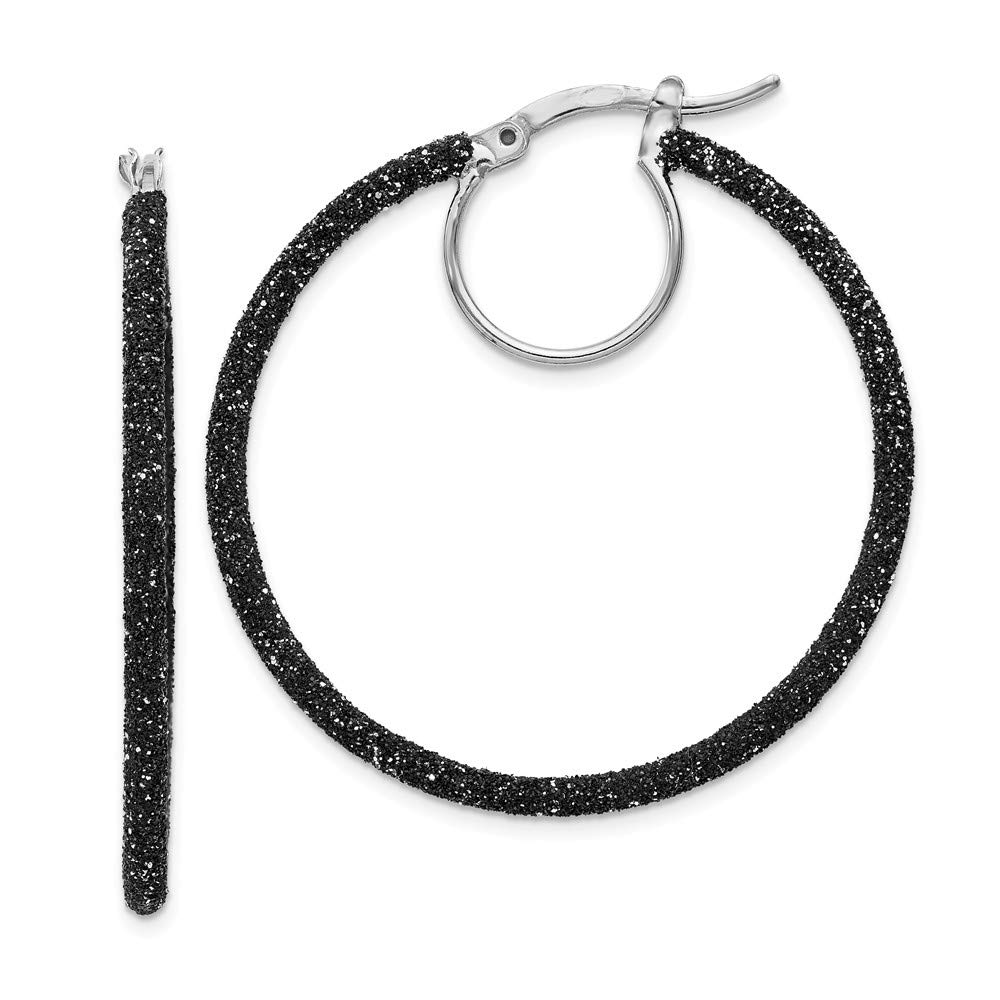 925 Sterling Silver Black Glitter Enamel Hoop Earrings for Women | 37mm Sparkling Dangle Earrings | Perfect for Parties, Weddings & Everyday Wear