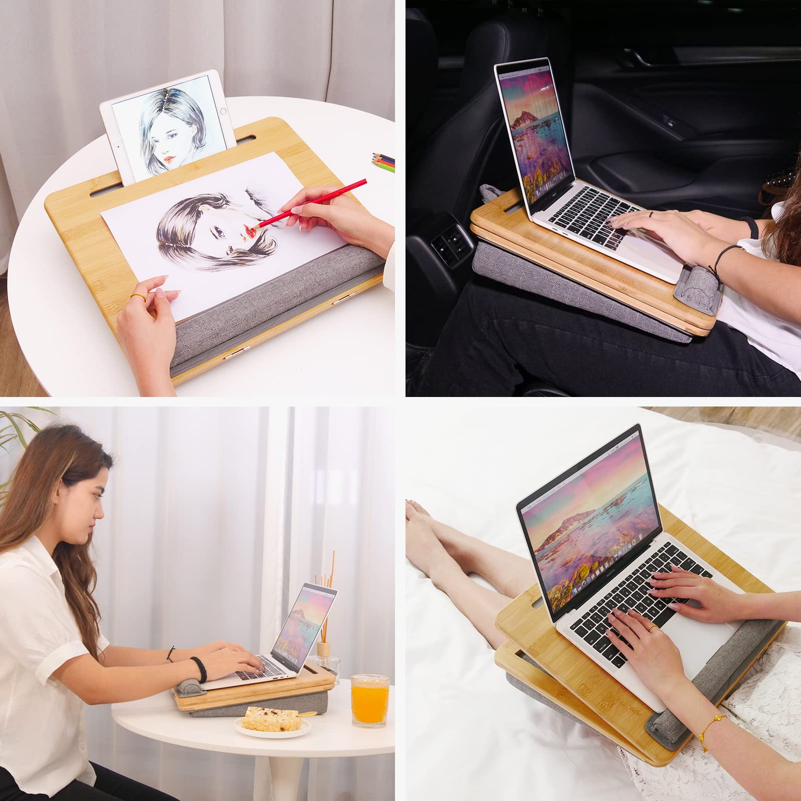 Adjustable Bamboo Lap Desk for Laptop with Cushion - Portable Laptop Stand with Tablet Slot & Phone Holder - Ergonomic Bed Tray for Home Office, Sofa, Car & Travel Use - Perfect for Working, Studying or Watching Movies in Bed