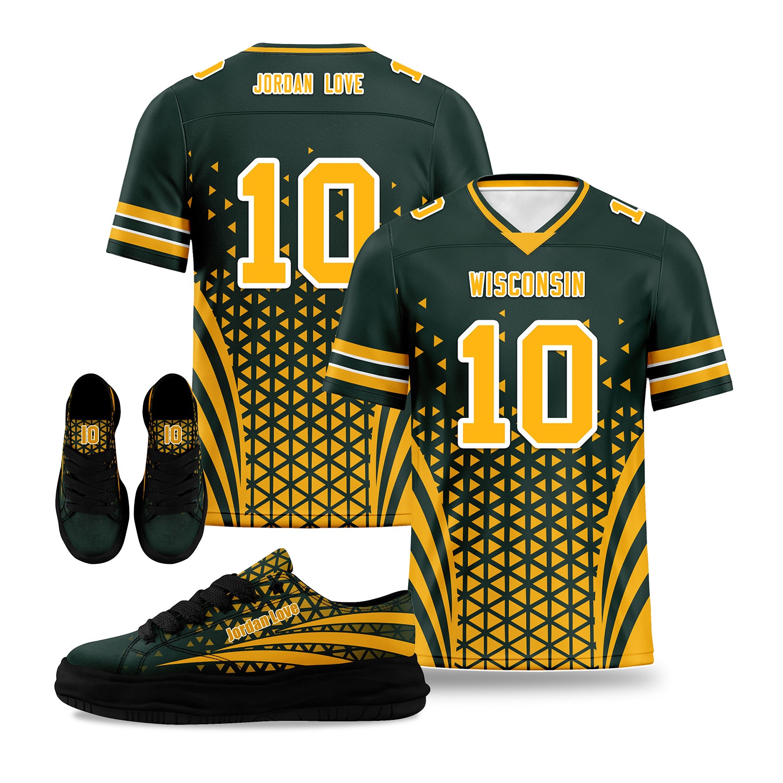 Custom Green & Yellow Wisconsin Football Jersey & Sports Shoes Combo - Personalized Badgers Fan Gear for Game Day & Tailgating - D023031 (Size 13)