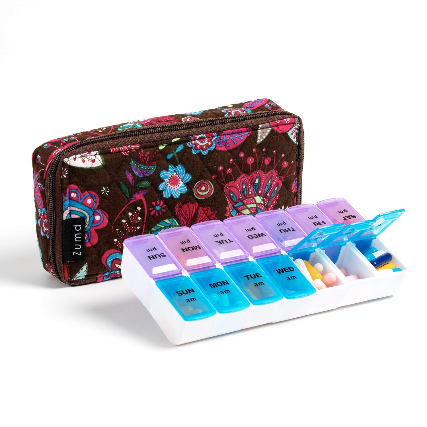Qintang 7-Day Round Pill Organizer Box - Weekly Vitamin Storage Case with 7 Compartments (Brown) | Perfect for Medication Management, Travel & Daily Health Routine