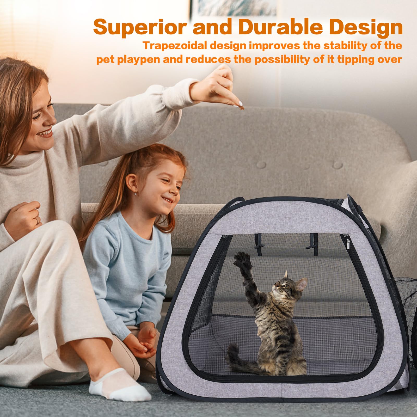 Portable Pet Playpen for Cats & Dogs - Indoor & Outdoor Cat Enclosure, Pop-Up Cage for Kittens, Puppies & Small Animals - Travel & Camping Essential (Gray) | Perfect for Home, Yard, Camping & Road Trips