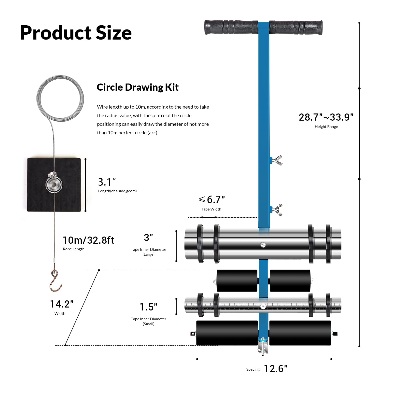 Court Line Tape Machine with Drawing Circle Kit - Parking Lot Striping Machine for Driveway, Asphalt, Concrete, Basketball & Pickleball Courts - Road Warning Line Marker for Sports Fields & Construction Sites