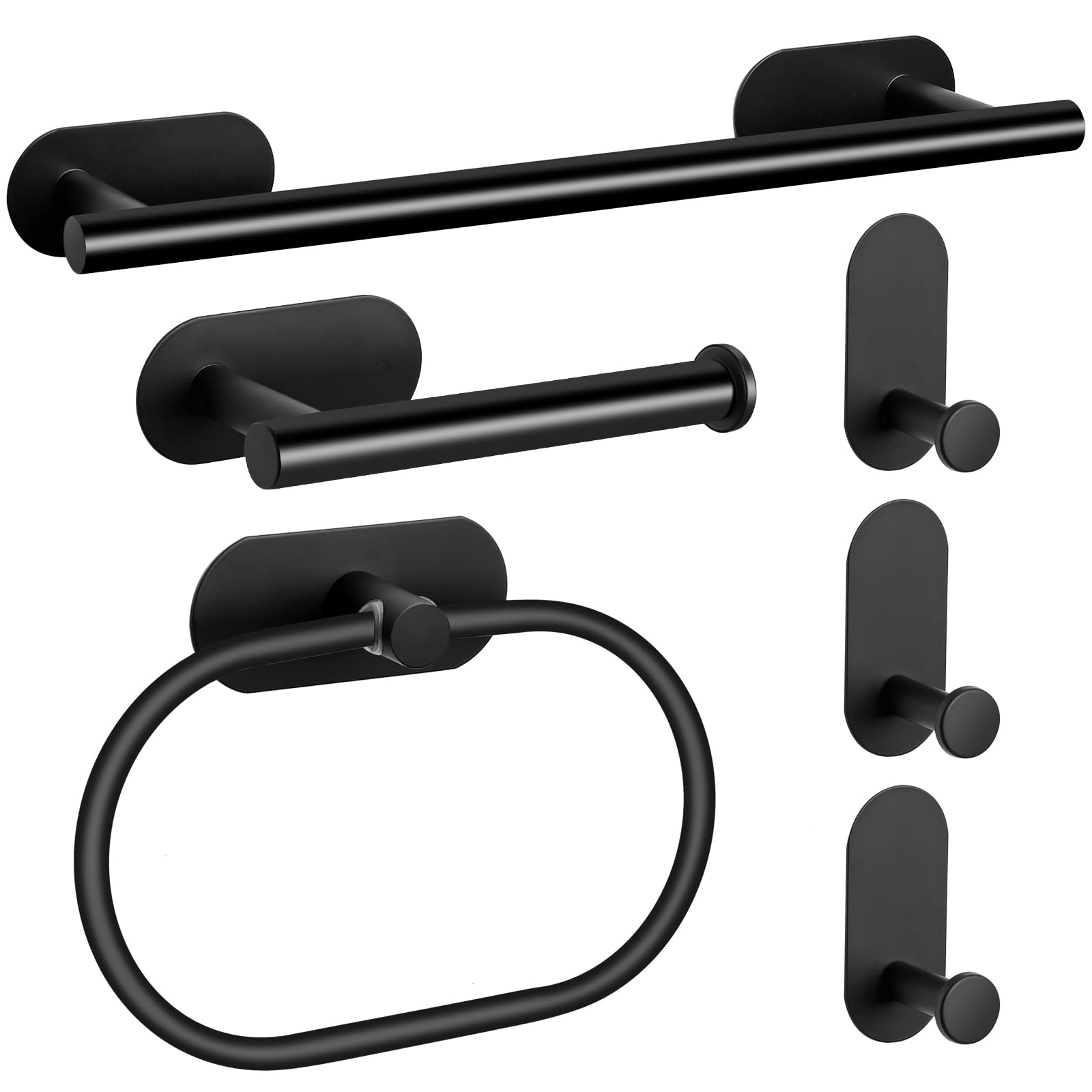 JiGiU No Drill Stick On Bathroom Hardware Set - 16-Inch Self Adhesive Towel Bar, Toilet Paper Holder, Towel Ring & 3 Hooks - Stainless Steel Black - Perfect for Small Bathrooms, Apartments & RVs
