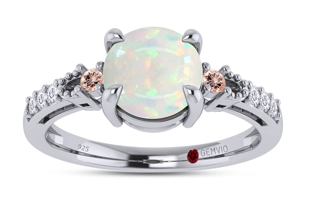 6MM Round Natural White Opal & 1.5MM Morganite Solitaire Engagement Ring with Diamond Accents in 14K Gold Over Sterling Silver (0.75CTTW) - Elegant Valentine's Day Gift for Her, Perfect for Proposals, Anniversaries & Romantic Occasions