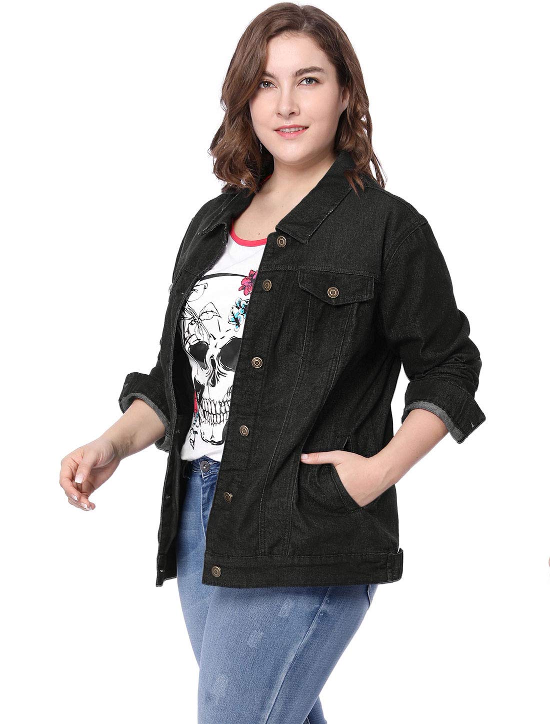 Women's Plus Size Denim Jean Jacket - Distressed Washed Button Front Stitching Design | Casual Outfit for Streetwear, Fall Layering & Everyday Fashion