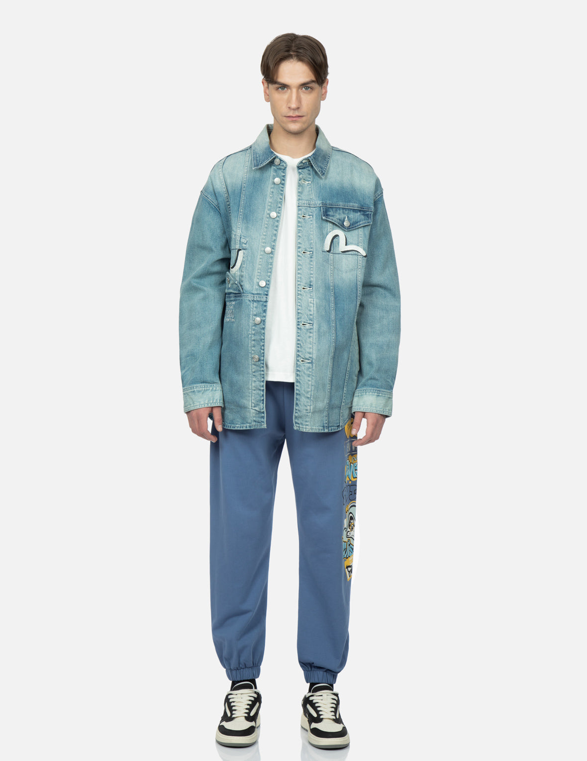 Graffiti Dharma Grid Graphic Print Denim Shirt Jacket for Men & Women - Stylish Streetwear Outerwear for Urban Fashion & Casual Outfits