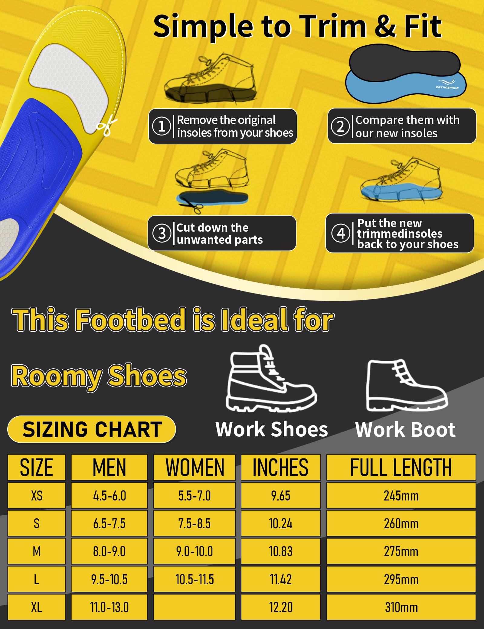 Heavy Duty Work Insoles for Men & Women - 200+ lbs Support, Medium & High Arch Inserts for All-Day Standing, Plantar Fasciitis & Foot Pain Relief, Anti-Fatigue Shoe Insoles for Work Boots - Perfect for Construction, Nursing & Long Work Shifts