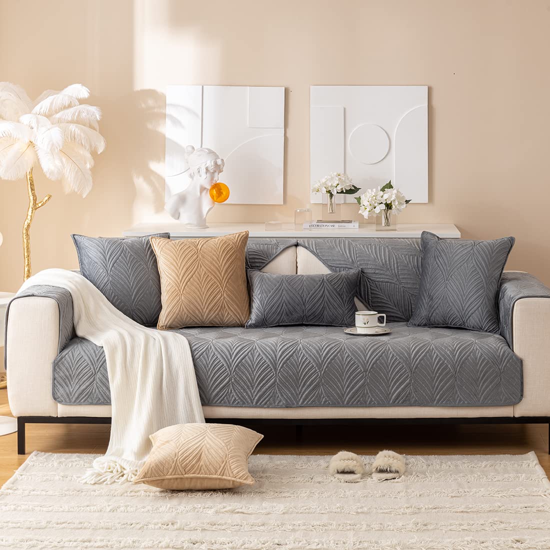 Premium Non-Slip Velvet Quilted Sofa Cover - Super Soft Plush Furniture Protector with Leaf Pattern for Sectional Couches (36