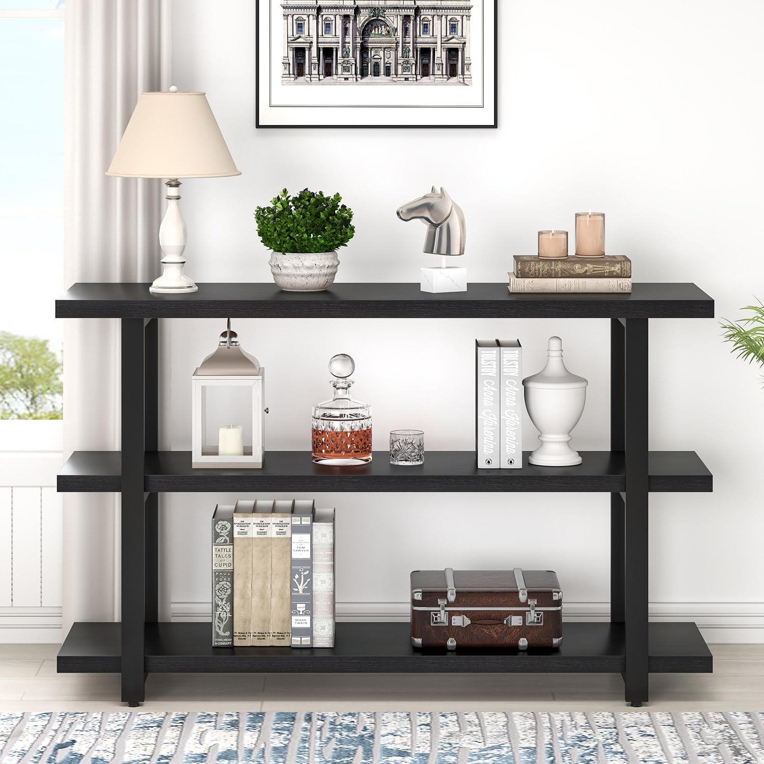 Modern Black Entryway Console Table with 3-Tier Storage Shelves - 47 Inch Wood & Metal Sofa Table for Living Room, Hallway, Entrance or Behind Couch - Perfect for Home Decor, Small Space Organization & Stylish Storage Solutions