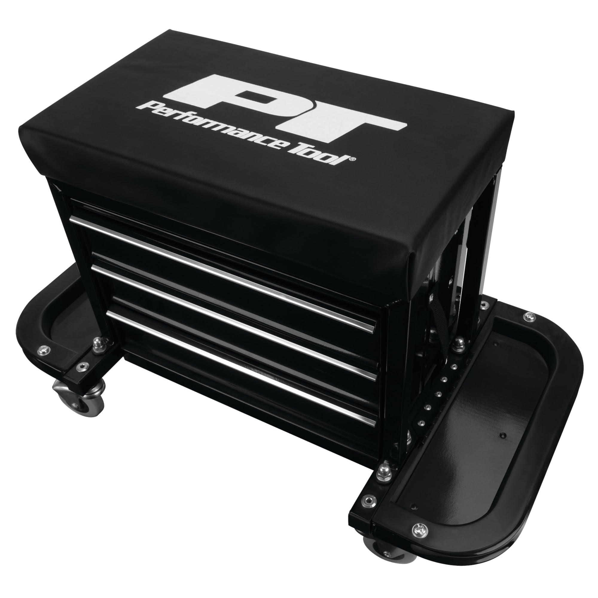 Performance Tool W85025 3-Drawer Rolling Tool Chest Seat with Magnetic Side Trays - Heavy Duty Black Tool Storage for Garage, Workshop & Auto Repair | Mobile Workbench with Organizer & Seat