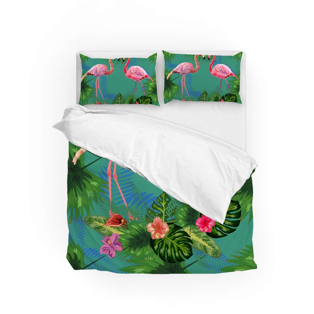 King Size Duvet Cover Set 3 Pieces - Tropical Flamingo & Exotic Plants Luxury Bedding for Kids, Women, Teens & Adults - Soft Polyester with Zipper Closure - All Season Comfort - Perfect for Bedroom Decor, Guest Room & Vacation Home Styling