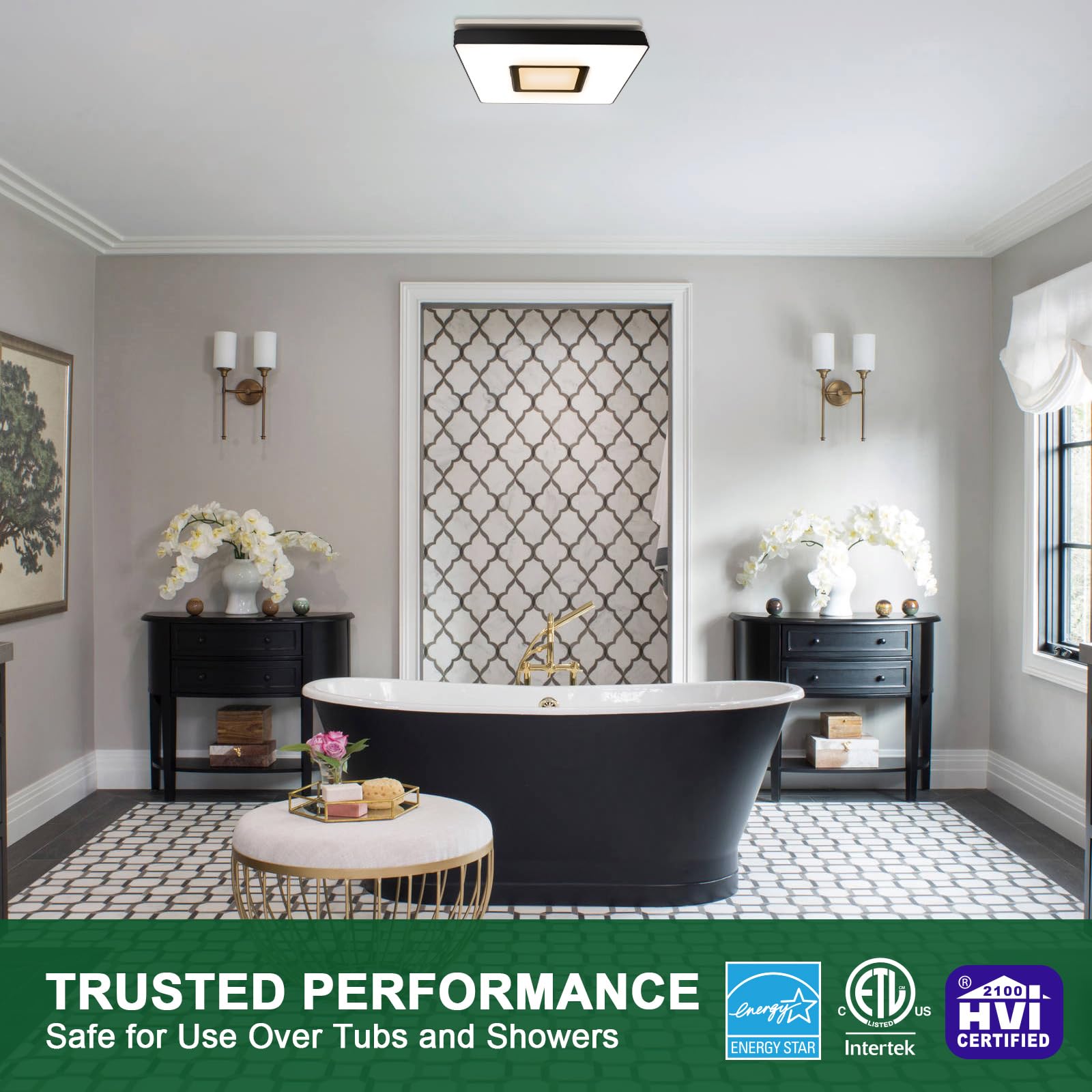 Akicon 90 CFM Bathroom Exhaust Fan with Dimmable LED Light & Night Light - 1.5 Sones Quiet Ventilation, 15W 3CCT Ceiling Fan Light Combo for Home Bathroom (Square, Black) - Perfect for Moisture Control & Air Circulation in Bathrooms, Laundry Rooms & Small Spaces