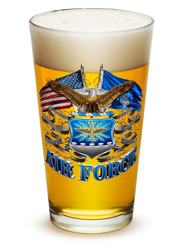 USAF Air Force Double Flag Eagle Premium Beer Pint Glasses - Set of 12 (16 oz) - Highball Cocktail Mixing Glasses for Beer, Cocktails & Cold Beverages - Perfect for Military Themed Parties, Home Bars & Gifts